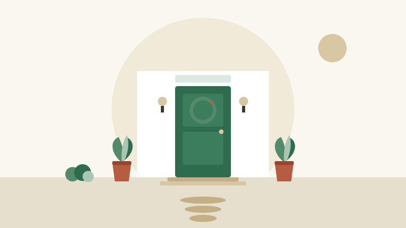 Flat illustration of a tidy house front with a freshly painted door, planters, new house numbers, and a mulched bed