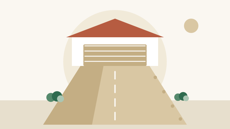 Flat illustration comparing three driveway strips of gravel, asphalt, and concrete leading to a garage