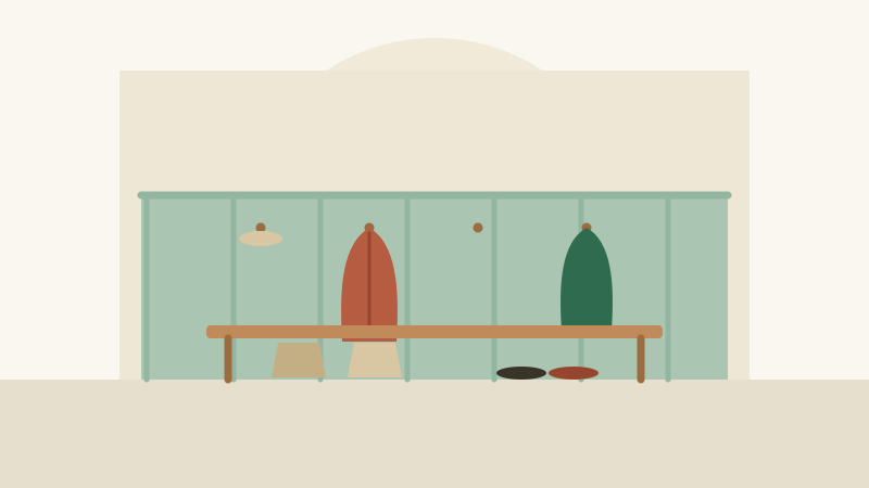 Flat illustration of an entryway with a board-and-batten half wall, coat hooks on a rail, a bench with baskets, and a doormat