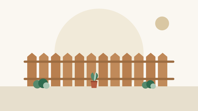 Flat illustration of a wood privacy fence with a gate beside a small tree and shrubs